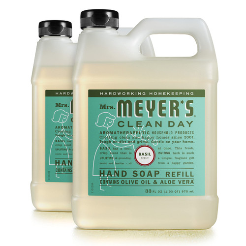 MRS. MEYER'S CLEAN DAY Hand Soap Refill, Made with Essential Oils, Biodegradable Formula, Basil, 33 Fl. Oz - Pack Of 2