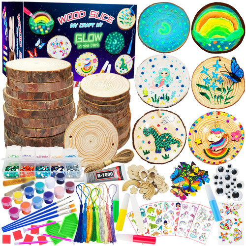Wooden Crafts Kit for Kids - Glow in The Dark - Arts & Crafts Gifts for Boys Girls Age 6-12, 24 Wood Slices with Diamond Painting Craft Activities Kits, Creative Art Toys for 6 7 8 9 10 11 12 Year Old Wooden Crafts Kit for Kids - Glow in The Dark - Arts & Crafts Gifts for Boys Girls Age 6-12, 24 Wood Slices with Diamond Painting Craft Activities Kits, Creative Art Toys for 6 7 8 9 10 11 12 Year Old