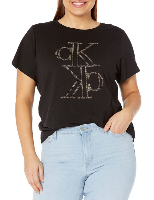 Calvin Klein Jeans Women's Plus Size Stacked Stud Crew Neck, Black, 1X