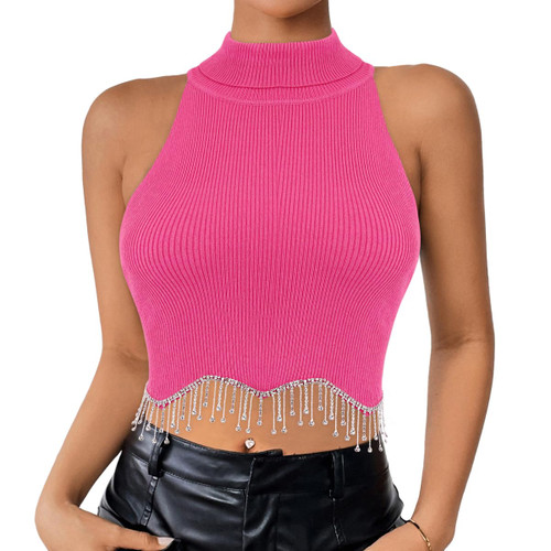 Naimo Women's Rhinestone Fringe Crop Top Sleeveless Mock Neck Tank Tops Ribbed Knit Cami Vest Tassel Tops