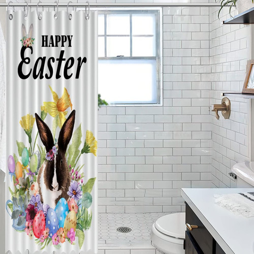 COVOME Bathroom Curtain Happy Easter Bunny Rabbit Shower Curtains Flower Wreaths Garland Festival Durable Shower Curtain Home Bathroom Decorations 35x70 Inch