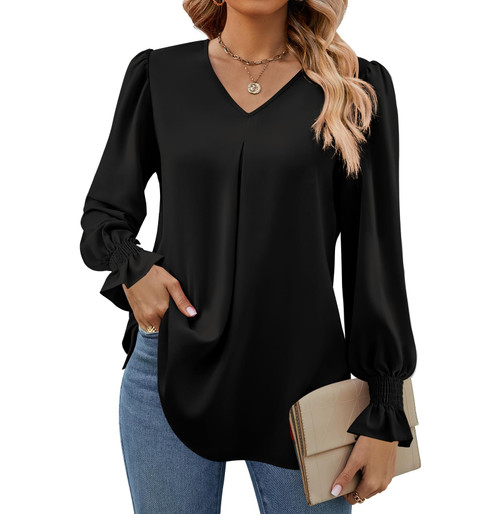 Funlingo 2023 Long Sleeve Shirts for Women Dressy Causal Business V-Neck Chiffon Tops Loose Trendy Work Tunic Blouses Solid Black M