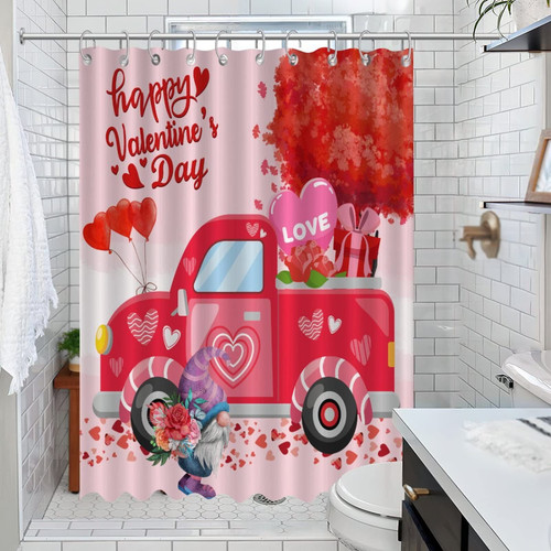 Valentine's Day Gnome Red Truck Bathroom Curtain Swedish Tomte Gnome Scandinavian Bathroom Shower Curtain Sets Home Bathroom Decorations Polyester Vintage Shower Curtain for Bathroom with Hooks 47x72