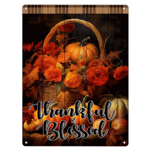 Thankful Blessed 12x16in Metal Signs Outdoor Customized Backyard Yard Porch Wall Decorations Tin Signs Fall Flower Pumpkin Sunflower Garage Signs for Bedroom