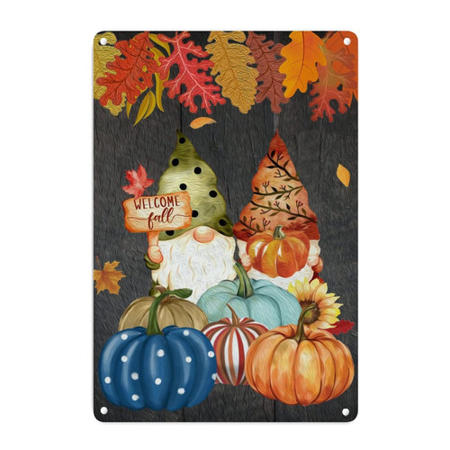 CowkissSign Pumpkin Gnome Sunflower Welcome Fall Metal Tin Sign Gather Thanksgiving Metal Tin Sign Rustic Autumn Gold Falling Leaves Vintage Metal Wall Decor for Front Porch Kitchen Bedroom 18x12in