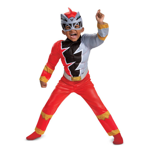 Disguise Red Ranger Toddler Size Muscle Costume, Official Power Rangers Dino Fury Outfit with Mask Multicolored, Large (4-6)