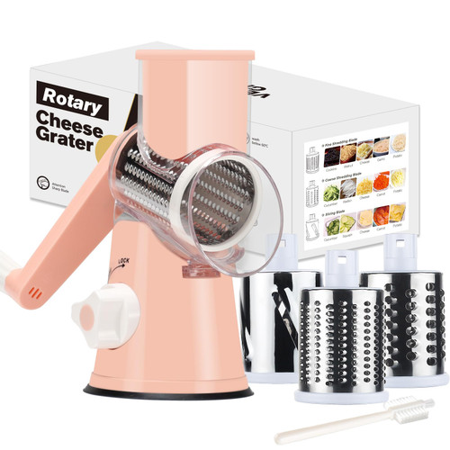 Rotary Cheese Grater Cheese Shredder - Cambom Cheese Grater with Handle Vegetable Slicer Shredder Nuts Grinder Kitchen Mandoline with 3 Replaceable Blades Strong Suction Base with Clean Brush