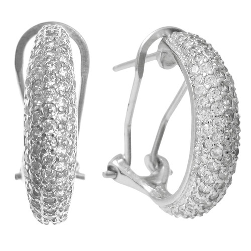 Sterling Silver Clear Cubic Zirconia Crystal Omega Half Hoop Huggie Stud Post Earrings