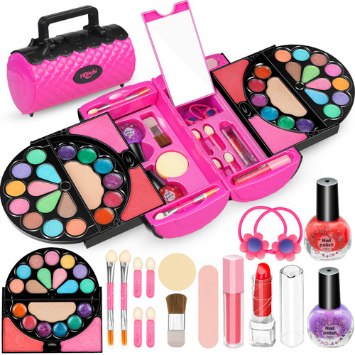 Hollyhi 56 Pcs Real Kids Makeup Kit for Girls, Washable Pretend Play Makeup Toy Set with Cosmetic Case for Girl, Toddler Make up Toys Birthday for Kids 3 4 5 6 7 8 9 10 11 12 Years Old