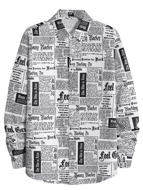 WDIRARA Men's Newspaper Print Long Sleeve Button Front Collar Shirt Streetwear Tops Black and White L