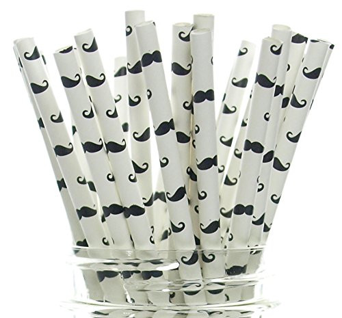 Mustache Straws (25 Pack) - Black & White Moustache Pattern Paper Straws, Mustache Party Supplies, Little Man Drinking Straws