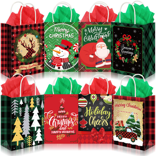 Cholemy 40 Pack Christmas Gift Bags with Tissue Paper Bulk Reusable Christmas Tote Bags with Handles Kraft Christmas Goody Bags for Xmas Wrapping Candy Goodie Party, 8 Styles (Large)
