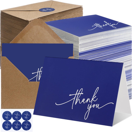 Gueevin 200 Pcs Thank You Cards with Kraft Envelopes and Stickers Bulk, 3.5 x 5 in Blank Navy Blue Classy Thank You Notes for Wedding, Business, Graduation, Baby, Bridal Shower, Funeral