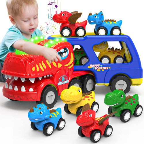 HEGUD Toddler Car Toys for 1 2 3 4 5 Year Old Boy, 5-in-1 Dinosaur Vehicle Trucks Toys for Toddlers 1-3 with Sounds & Lights Toys for Boys 4-6 Boy Toys Age 2-6 Dinosaur Toys for Kids 3-5