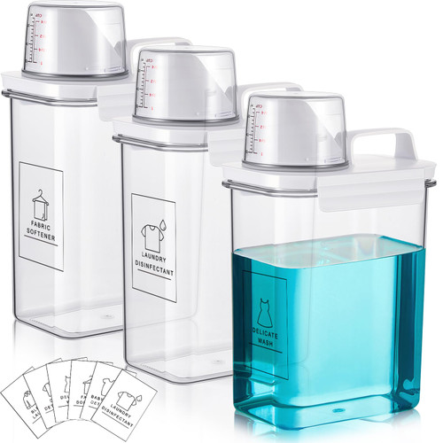 Tatuo 3 Pack Laundry Detergent Container, Liquid Laundry Soap Dispenser with Stickers, Fabric Softener Dispenser Plastic Laundry Powder Container, Laundry Room Storage Washing, PET Clear(61 oz)