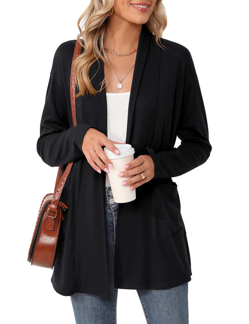Micoson Women's Lightweight Open Front Black Cardigan Casual Loose Long Sleeve Cardigan Sweaters with Pockets L