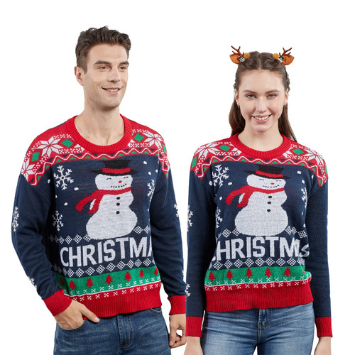 Vertvie Ugly Christmas Sweater Family Matching Outfit Snowman Dinosaur Print Knitted Pullover Kids Holiday Party Sweater for Boys Girls Men Women(Blue- Snowman mom,XXL)