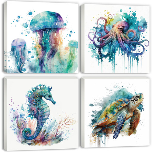 Watercolor Sea Turtle Wall Art Beach Bathroom Decor Ocean Animals Octopus Seahorse Jellyfish Canvas Pictures for Bedroom Living Room Home Decoration Marine Life Coastal Painting Prints Artwork 12x12" 4 Pcs