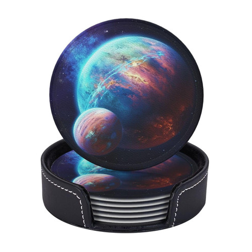 Planet Coasters for Drinks Set of 6 - PU Leather Coasters with Holder - Modern Drink Coasters for Coffee Table - Round Coaster for Tabletop Protection 4" Cup Mat Pad Planet Coasters for Drinks Set of 6 - PU Leather Coasters with Holder - Modern Drink Coasters for Coffee Table - Round Coaster for Tabletop Protection 4" Cup Mat Pad