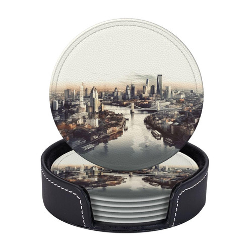 Famous Cityscape Coasters for Drinks Set of 6 - PU Leather Coasters with Holder - Modern Drink Coasters for Coffee Table - Round Coaster for Tabletop Protection 4" Cup Mat Pad Famous Cityscape Coasters for Drinks Set of 6 - PU Leather Coasters with Holder - Modern Drink Coasters for Coffee Table - Round Coaster for Tabletop Protection 4" Cup Mat Pad