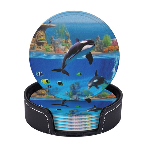Sea World Coasters for Drinks Set of 6 - PU Leather Coasters with Holder - Modern Drink Coasters for Coffee Table - Round Coaster for Tabletop Protection 4" Cup Mat Pad Sea World Coasters for Drinks Set of 6 - PU Leather Coasters with Holder - Modern Drink Coasters for Coffee Table - Round Coaster for Tabletop Protection 4" Cup Mat Pad