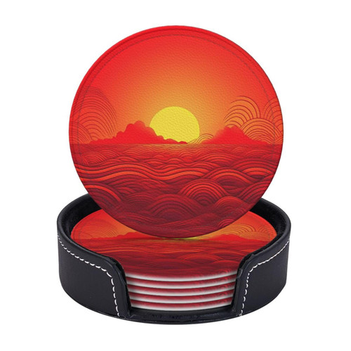 Red Sunrise Coasters for Drinks Set of 6 - PU Leather Coasters with Holder - Modern Drink Coasters for Coffee Table - Round Coaster for Tabletop Protection 4" Cup Mat Pad Red Sunrise Coasters for Drinks Set of 6 - PU Leather Coasters with Holder - Modern Drink Coasters for Coffee Table - Round Coaster for Tabletop Protection 4" Cup Mat Pad