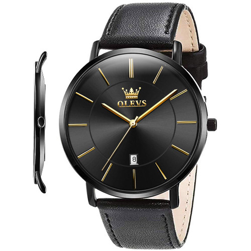 OLEVS Mens Minimalist Watch for Men Male Leather Band All Black Ultra Thin Big Face Large Dial Slim Casual Simple Dress Waterproof Date Calendar Analog Quartz Wrist Watches Strap for Teen Boys Gifts