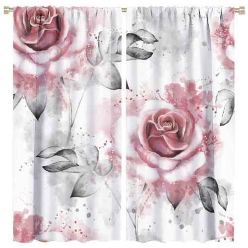 Rose Curtains Vintage Romantic Floral Pink Rose Gray Leaf White Living Room Bedroom Kitchen Rod Pocket Blackout Window Drapes 42x45in