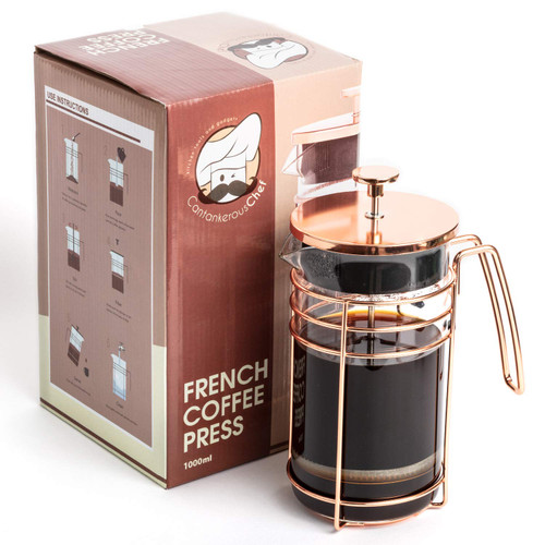 French Press and Tea Maker - 1000ml Coffee Maker Press - Premium Coffee Press with Rose Gold Finish - Thick Glass and Stainless Steel Coffee Brewer - French Press Coffee Maker for Tea, Latte, Expresso French Press and Tea Maker - 1000ml Coffee Maker Press - Premium Coffee Press with Rose Gold Finish - Thick Glass and Stainless Steel Coffee Brewer - French Press Coffee Maker for Tea, Latte, Expresso