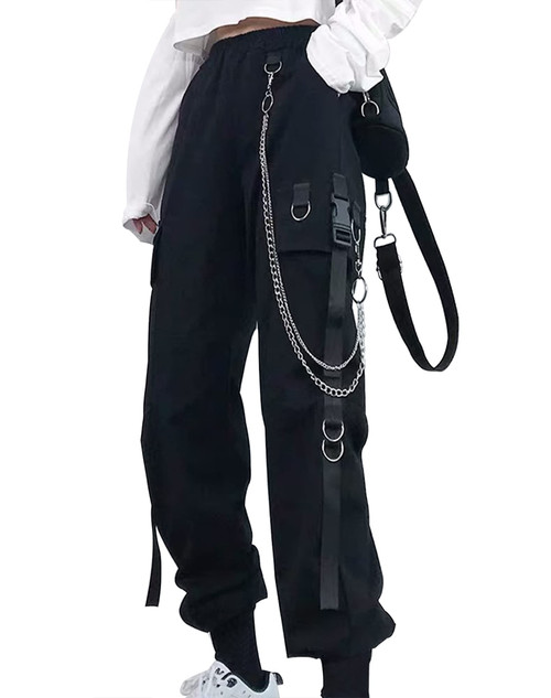 Black Cargo Pants with Chain Kpop Fashion Gothic Clothes for Women Emo Pants Aesthetic Pants for Teens Cyberpunk Pants