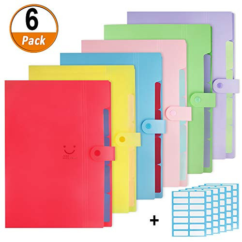 6 Pack Expanding File Folder 5 Pocket with 168pcs File Folder Labels, Plastic Organizer A4 Letter Size Expandable File Folder for School