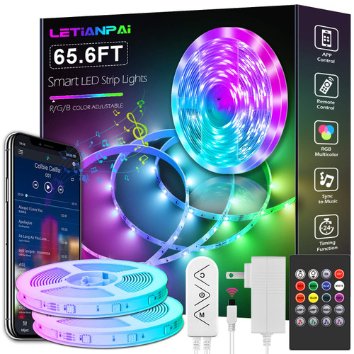 Led Strip Lights, 65.6ft/20m Long Smart Led Light Strips Music Sync 5050 RGB Color Changing Rope Lights,Bluetooth APP/IR Remote/Switch Box Control Led Lights for Bedroom,Home Decoration,Party,Festival