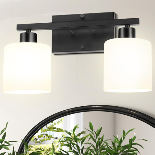 2-Light Black Bathroom Vanity Light Fixtures, Modern Vanity Wall Sconces Lighting for Bedroom Bathroom Hallway, Vanity Lights with Milky White Glass Shades, E26 Standard Socket, Bulbs Not Included