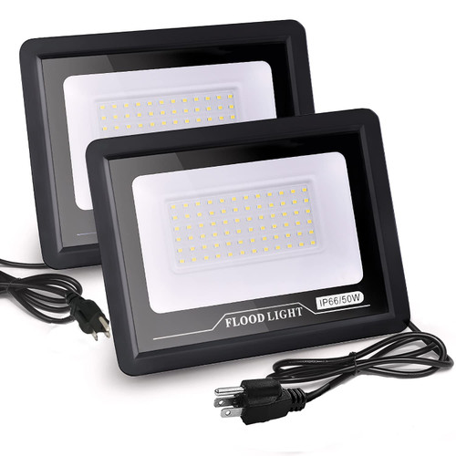 VANLUDA 2 Pack 50W LED Flood Light Outdoor,5000LM LED Work Light,IP66 Waterproof Outdoor Floodlights with Plug,6000K Daylight White Super Bright Security Light for Yard,Garden,Garage,Lawn