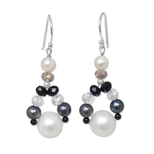 NOVICA Handmade Cultured Freshwater Pearl Dangle Earrings Crafted .925 Sterling Silver Agate Glass Bead White Clear Beaded Thailand Sharkskin Birthstone [1.7 in L x 0.7 in W] 'A Spark of Romance'