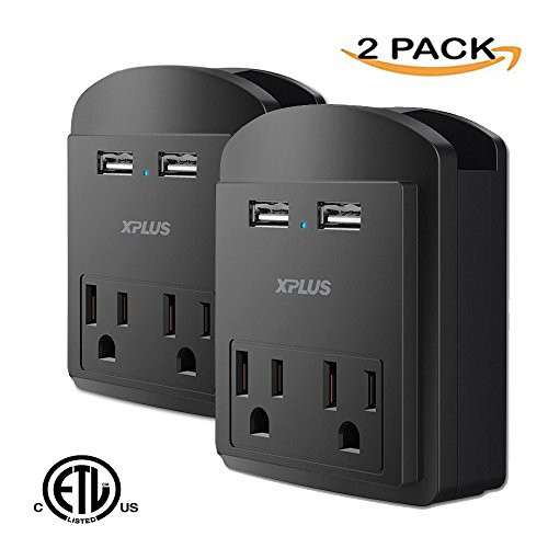 XPLUS Wall Outlet Surge Protector with Two 2.4A USB Charging Ports, 2 AC Outlet Plugs and Topside Phone Holders for iPhone, iPad and Others, ETL Certified (2 Pack Black)
