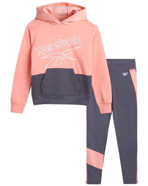 Reebok Girls' Sweatsuit Set - 2 Piece Hoodie Sweatshirt and Leggings - Youth Clothing Set for Girls (7-12), Size 7, Peach Amber