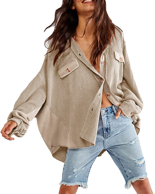 Womens Button Down Shirts Jacket Casual Waffle Knit Long Sleeve Oversized Shacket Tops