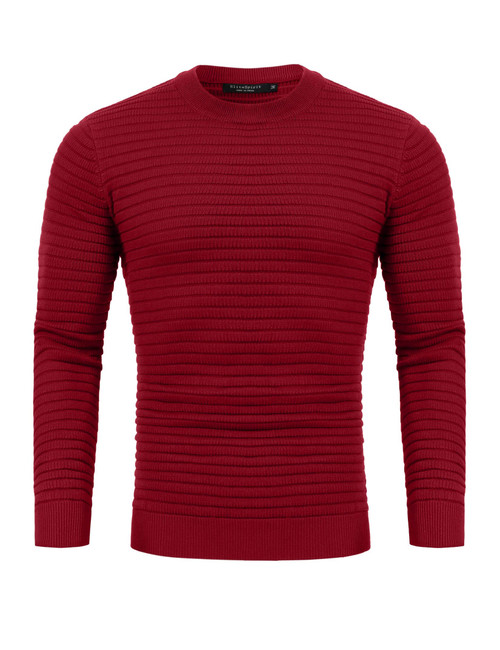 EliteSpirit Crew Neck Sweater for Mens Knitted Pullover Sweaters with Solid Stripe Wine Red L