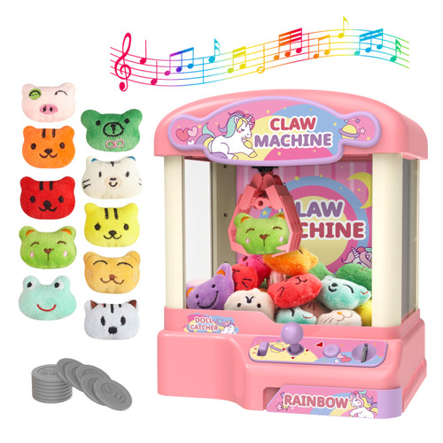 Claw Machine for Kids, Arcade Games Mini Vending Machine with 10 Plush Animal and 12 Coin, Candy Claw Machine with Music, Xmax Gifts Christmas Birthday Gifts Toys for Girls Boys 5-8 8-13 Year Old