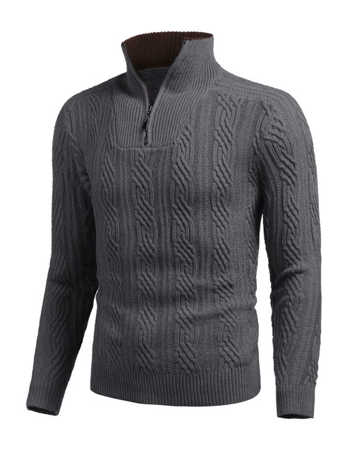 COOFANDY Men's Quarter Zip Sweater Slim Fit Casual Knitted Turtleneck Pullover Mock Neck Polo Sweater,Grey,X-Large