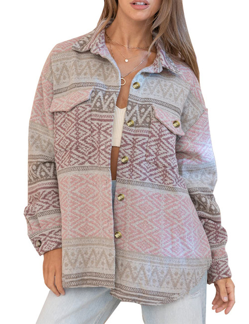 Gacaky Womens Casual Aztec Print Shacket Lapel Long Sleeve Button Down Shirt Jacket Coats Pink M