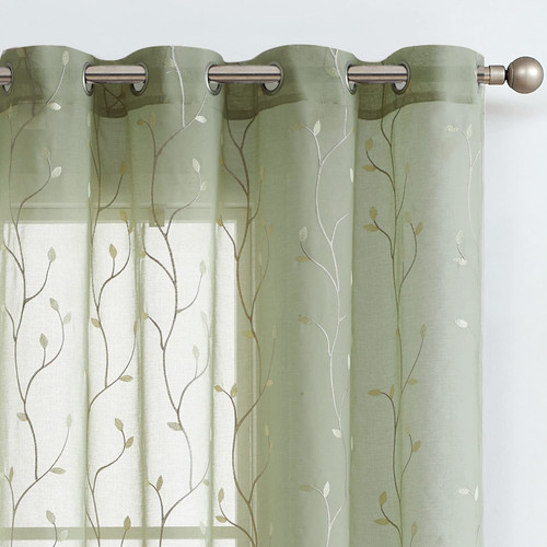 jinchan Sheer Curtains for Bedroom 84 Inch Length Beige Floral Embroidered on Green Sheers for Living Room Embroidery Voile Grommet Window Curtain 2 Panels