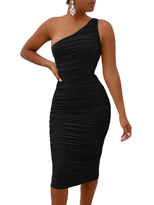 LAGSHIAN Women's Sexy One Shoulder Ruched Sleeveless Bodycon Party Cocktail Dress Black