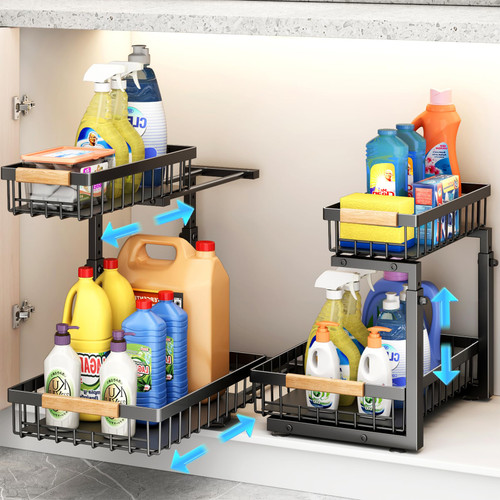 Pull out Cabinet Organizer, 2 Tier Under Sink Organizer, Slide out Metal Kitchen Cabinet Organizers Drawer Shelf, Sliding Storage Shelves for Kitchen Bathroom Pantry Cabinet Closet Organization Rack