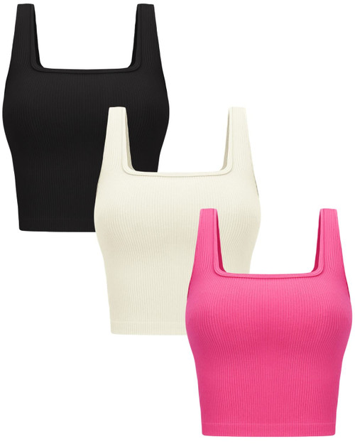 OLCHEE Womens 3 Pack Crop Tank Tops Basic Seamless Ribbed Sleeveless Square Neck Workout Top Summer Exercise Yoga Gym Shirts - Black Beige Rose Small