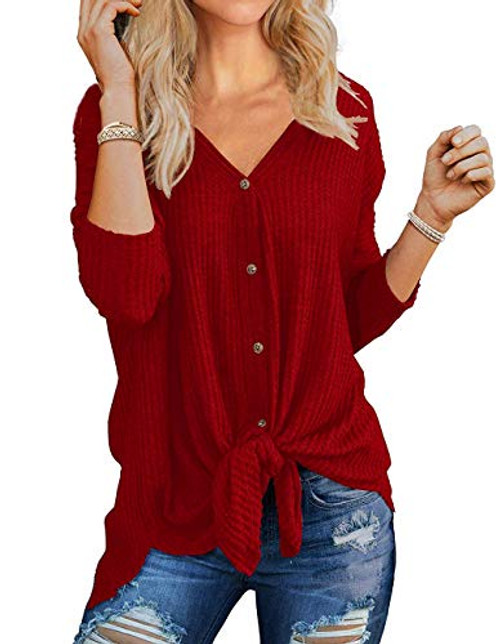 Womens Long Sleeve Knit Button Tunic Blouse Front Tie Batwing Henley Tops(Wine Red,XL)