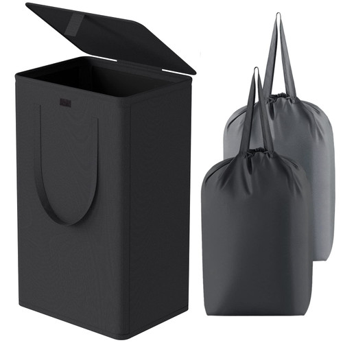 WOWLIVE 100L Laundry Hamper with Lid, Large Foldable Laundry Basket with 2 Removable Bags and Handles, Tall Collapsible Dirty Clothes Hamper for Laundry Room, Bathroom, Dorm (Black) WOWLIVE 100L Laundry Hamper with Lid, Large Foldable Laundry Basket with 2 Removable Bags and Handles, Tall Collapsible Dirty Clothes Hamper for Laundry Room, Bathroom, Dorm (Black)
