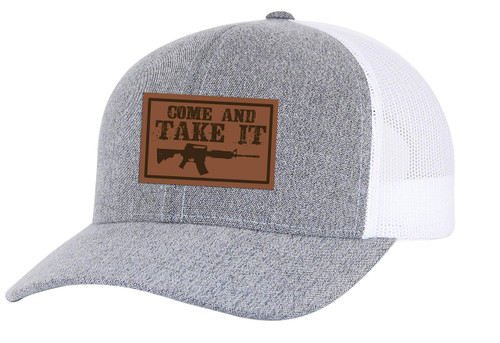 Men's Come and Take It 2nd Amendment Gun Firearms Mesh Back Trucker Hat, Heather Grey/White