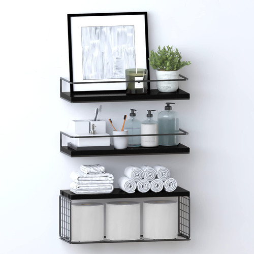 Floating Shelves Wall Mounted with Storage Basket and Protective Guards,Bathroom Shelves Over Toilet,Rustic Wood Shelves for Bedroom,Living Room,Kitchen,Wall Decor,Plants,Books-Black Floating Shelves Wall Mounted with Storage Basket and Protective Guards,Bathroom Shelves Over Toilet,Rustic Wood Shelves for Bedroom,Living Room,Kitchen,Wall Decor,Plants,Books-Black